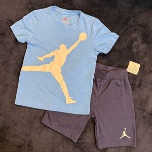 Jordan Kids’ Outfit Set – Blue Graphic Tee + Navy Blue Shorts